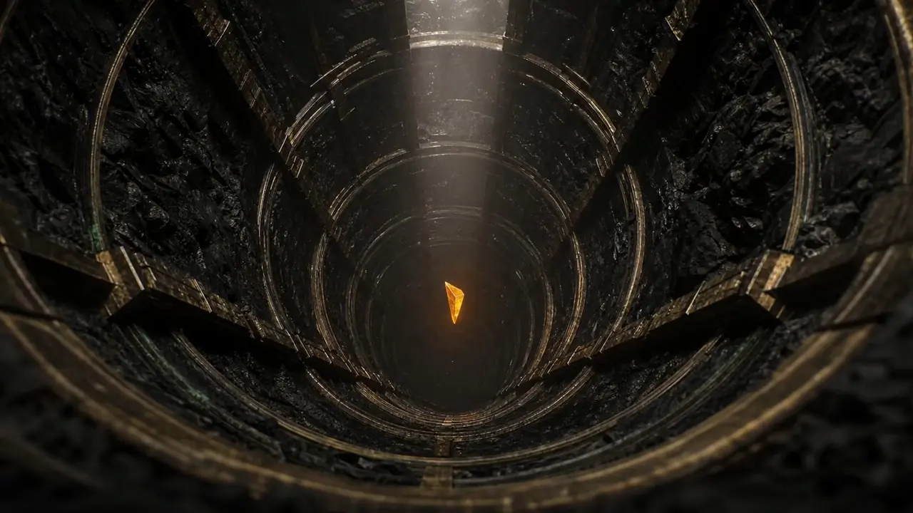 Um poço vertical de basalto preto com anéis de latão nas paredes; ao centro, um fragmento de âmbar incandescente suspenso numa coluna de luz.