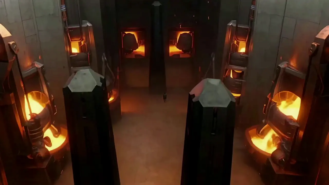 Entre as forjas, o fragmento agora facetado e claro sobe em direção a uma abertura circular de luz muito acima, até a luz tomar o quadro.